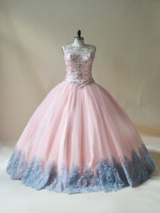 Trendy Pink Lace Up Scoop Beading and Appliques 15th Birthday Dress Tulle Sleeveless