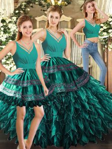 Discount Turquoise Ball Gowns Organza V-neck Sleeveless Appliques and Ruffles Floor Length Backless Sweet 16 Dress