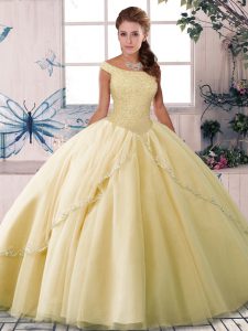 Designer Tulle Off The Shoulder Sleeveless Brush Train Lace Up Beading Quinceanera Dresses in Yellow