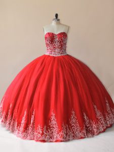 Pretty Sleeveless Floor Length Embroidery Lace Up Sweet 16 Quinceanera Dress with Red