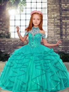 Turquoise Ball Gowns Tulle High-neck Sleeveless Beading and Ruffles Floor Length Lace Up Child Pageant Dress