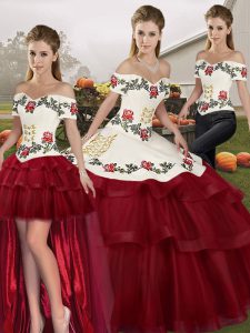 Sumptuous Brush Train Ball Gowns Sweet 16 Dresses Wine Red Off The Shoulder Tulle Sleeveless Lace Up