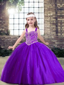 Purple Ball Gowns Tulle Straps Sleeveless Beading Floor Length Lace Up Little Girl Pageant Gowns