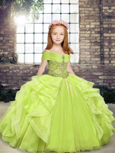 Top Selling Yellow Green Straps Neckline Beading and Ruffles Child Pageant Dress Sleeveless Lace Up