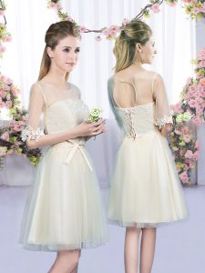 Most Popular Champagne Empire Scoop Half Sleeves Tulle Mini Length Lace Up Lace and Bowknot Court Dresses for Sweet 16