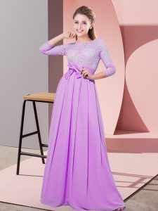 Glittering Lilac 3 4 Length Sleeve Floor Length Lace and Belt Side Zipper Quinceanera Court Dresses