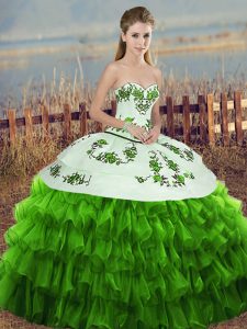 Custom Designed Green Ball Gowns Organza Sweetheart Sleeveless Embroidery and Ruffled Layers and Bowknot Floor Length Lace Up Sweet 16 Dress