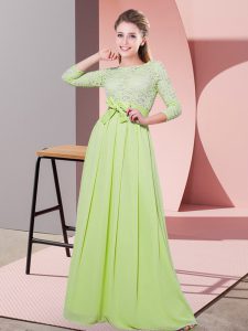 Deluxe Floor Length Side Zipper Dama Dress Yellow Green for Wedding Party with Lace and Belt