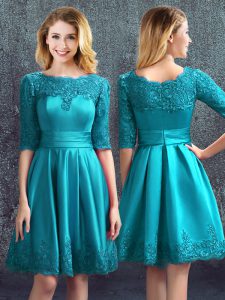 Teal Empire Satin Scoop Half Sleeves Lace Knee Length Zipper Dama Dress