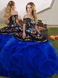 Blue And Black Lace Up Off The Shoulder Embroidery and Ruffles 15th Birthday Dress Tulle Sleeveless