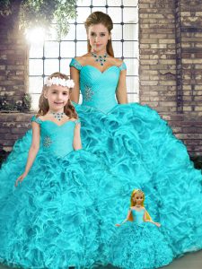 Comfortable Aqua Blue Ball Gowns Organza Off The Shoulder Sleeveless Beading and Ruffles Floor Length Lace Up Quince Ball Gowns