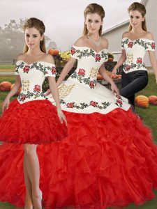 Decent White And Red Off The Shoulder Neckline Embroidery and Ruffles 15 Quinceanera Dress Sleeveless Lace Up