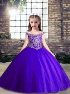 Superior Tulle Off The Shoulder Sleeveless Lace Up Beading Kids Formal Wear in Purple