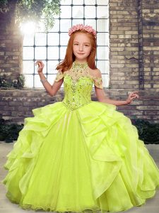 Floor Length Lace Up Little Girls Pageant Dress Wholesale Yellow Green for Party and Wedding Party with Beading