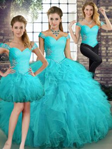 Eye-catching Beading and Ruffles Quinceanera Gowns Aqua Blue Lace Up Sleeveless Floor Length