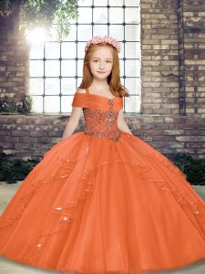Admirable Orange Ball Gowns Tulle Spaghetti Straps Sleeveless Beading Floor Length Lace Up Child Pageant Dress
