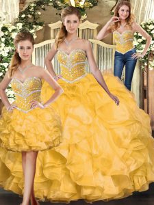 Floor Length Lace Up Quinceanera Gown Gold for Sweet 16 and Quinceanera with Beading and Ruffles