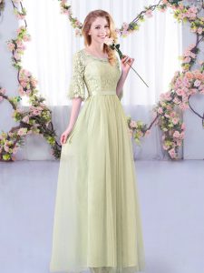 Beautiful Yellow Green Tulle Side Zipper Scoop Half Sleeves Floor Length Damas Dress Lace and Belt