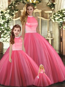 Low Price Coral Red Ball Gowns Tulle Halter Top Sleeveless Beading Floor Length Backless Quinceanera Gown