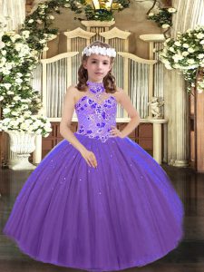 Purple Child Pageant Dress Party and Sweet 16 and Wedding Party with Appliques Halter Top Sleeveless Lace Up