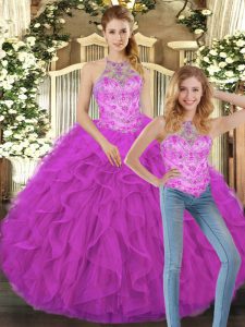 Pretty Halter Top Sleeveless Tulle Ball Gown Prom Dress Beading and Ruffles Lace Up