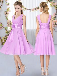 Free and Easy Lilac Chiffon Lace Up V-neck Sleeveless Knee Length Quinceanera Dama Dress Hand Made Flower