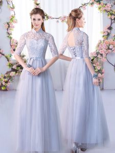 Fine Grey Lace Up Dama Dress Lace Half Sleeves Floor Length