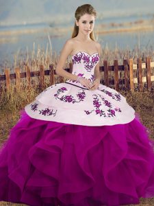 Fantastic Sweetheart Sleeveless Quinceanera Dress Floor Length Embroidery and Ruffles and Bowknot Fuchsia Tulle