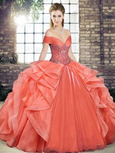 Colorful Sleeveless Organza Floor Length Lace Up Sweet 16 Quinceanera Dress in Orange Red with Beading and Ruffles