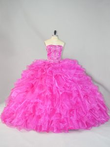 Strapless Sleeveless Court Train Lace Up Vestidos de Quinceanera Hot Pink Organza