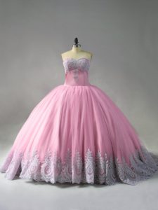 Lace Up Quinceanera Dresses Pink for Sweet 16 and Quinceanera with Beading and Appliques Court Train