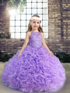 Fashion Scoop Sleeveless Kids Formal Wear Floor Length Beading and Ruching Lavender Fabric With Rolling Flowers