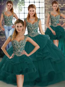Cheap Straps Sleeveless Tulle 15 Quinceanera Dress Beading and Ruffles Lace Up