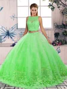 Green Scalloped Neckline Lace Sweet 16 Dress Sleeveless Backless