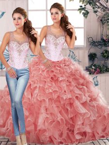 Organza Scoop Sleeveless Clasp Handle Beading and Ruffles Quinceanera Dress in Watermelon Red