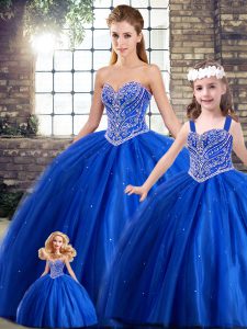 Nice Blue Sweetheart Lace Up Beading Sweet 16 Dress Brush Train Sleeveless