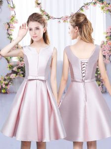 Mini Length Baby Pink Damas Dress Satin Sleeveless Bowknot