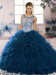 Custom Made Sleeveless Floor Length Beading and Ruffles Lace Up Quince Ball Gowns with Navy Blue