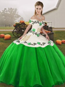 Nice Off The Shoulder Sleeveless Lace Up Quinceanera Dress Green Organza