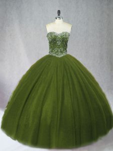 Olive Green Ball Gowns Beading 15 Quinceanera Dress Lace Up Tulle Sleeveless Floor Length