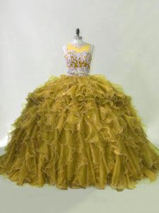 Hot Selling Olive Green Organza Zipper Quinceanera Gown Sleeveless Brush Train Beading and Ruffles