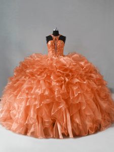 Orange Halter Top Zipper Beading and Ruffles Vestidos de Quinceanera Brush Train Sleeveless