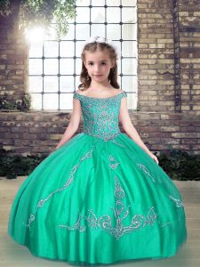 Simple Turquoise Off The Shoulder Lace Up Beading Little Girls Pageant Dress Sleeveless