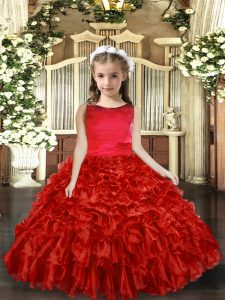 Discount Red Ball Gowns Scoop Sleeveless Organza Floor Length Backless Ruffles Little Girl Pageant Dress