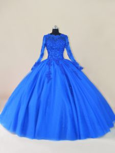 Royal Blue Long Sleeves Floor Length Lace and Appliques Zipper Quinceanera Dress