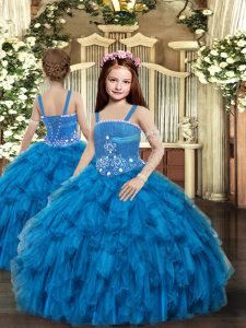 Super Ball Gowns Kids Pageant Dress Blue Straps Tulle Sleeveless Floor Length Lace Up