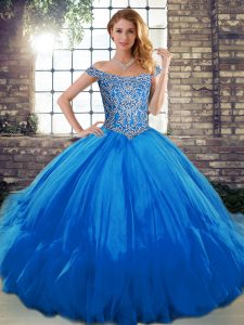 Dazzling Blue Ball Gowns Tulle Off The Shoulder Sleeveless Beading and Ruffles Floor Length Lace Up 15th Birthday Dress