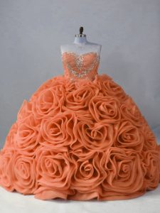 Smart Orange Ball Gowns Sweetheart Sleeveless Fabric With Rolling Flowers Brush Train Lace Up Beading Sweet 16 Dress