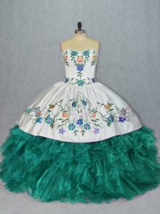 Custom Fit Turquoise Sleeveless Floor Length Embroidery and Ruffles Lace Up Quinceanera Gown