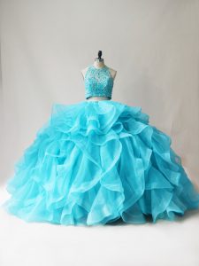 Extravagant Aqua Blue Organza Lace Up Halter Top Sleeveless Floor Length Vestidos de Quinceanera Beading and Ruffles